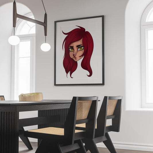 Furries Model 27 digital art portrait with red hair and yellow eyes displayed on a wall.