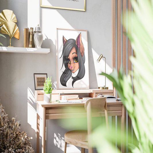 Digital Furry Art on Desk: Gray Fur, Yellow Eyes, Feline Portrait