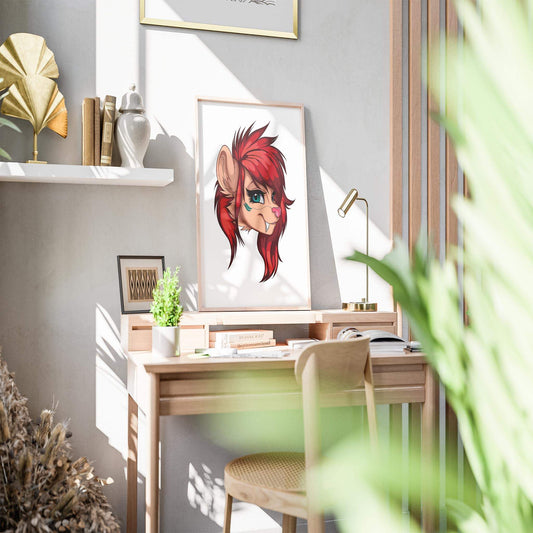 Fiery red furry portrait art on desk, vibrant decor for bold art lovers.
