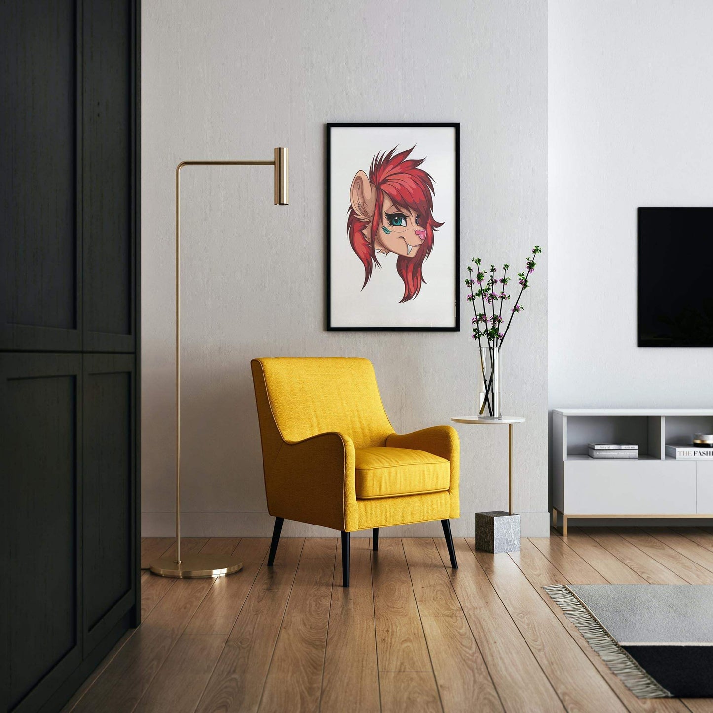 Fiery red furry portrait in modern living room, digitalized arts Baked Art - Furries Model 3.