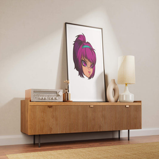 Vibrant digital magenta furry portrait on console table with lamp.
