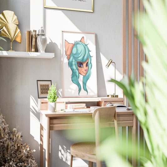 Aqua-haired furry character digital art with purple eyes, titled "Furries Model 6 - Baked Art," displayed in a stylish room.