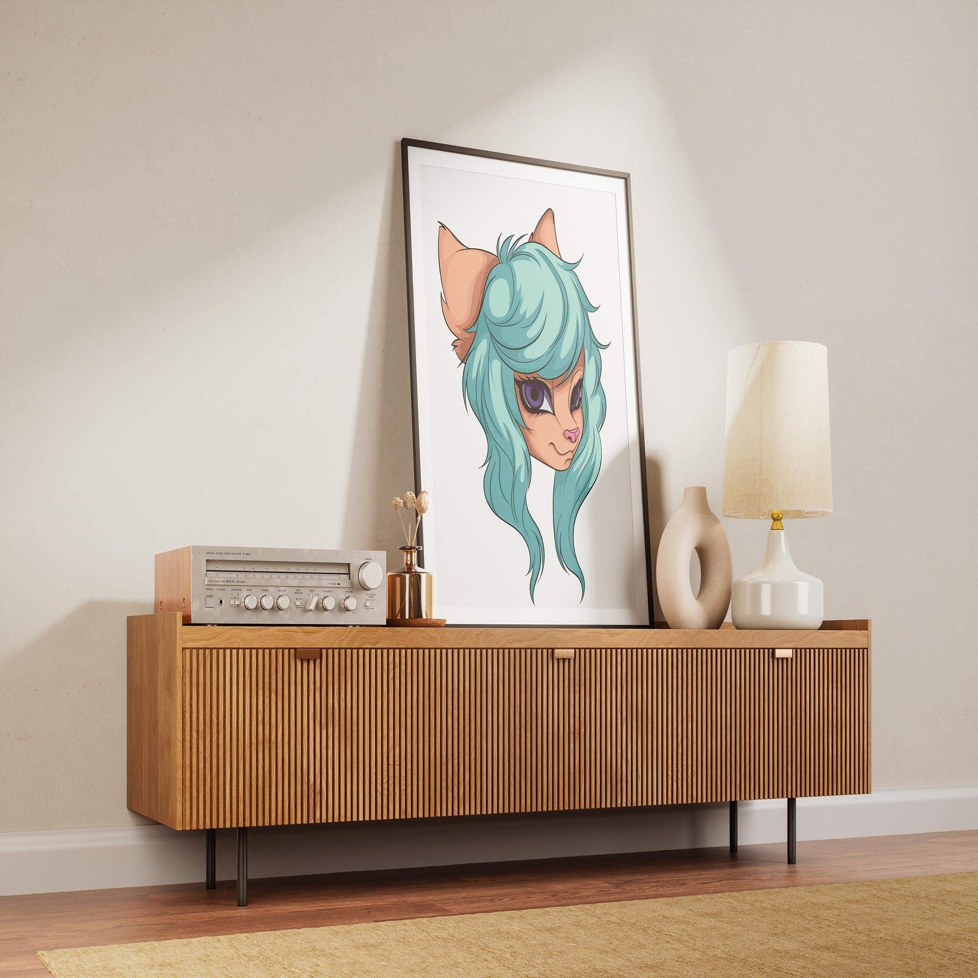 Aqua-haired furry art portrait with purple eyes displayed on wooden sideboard.