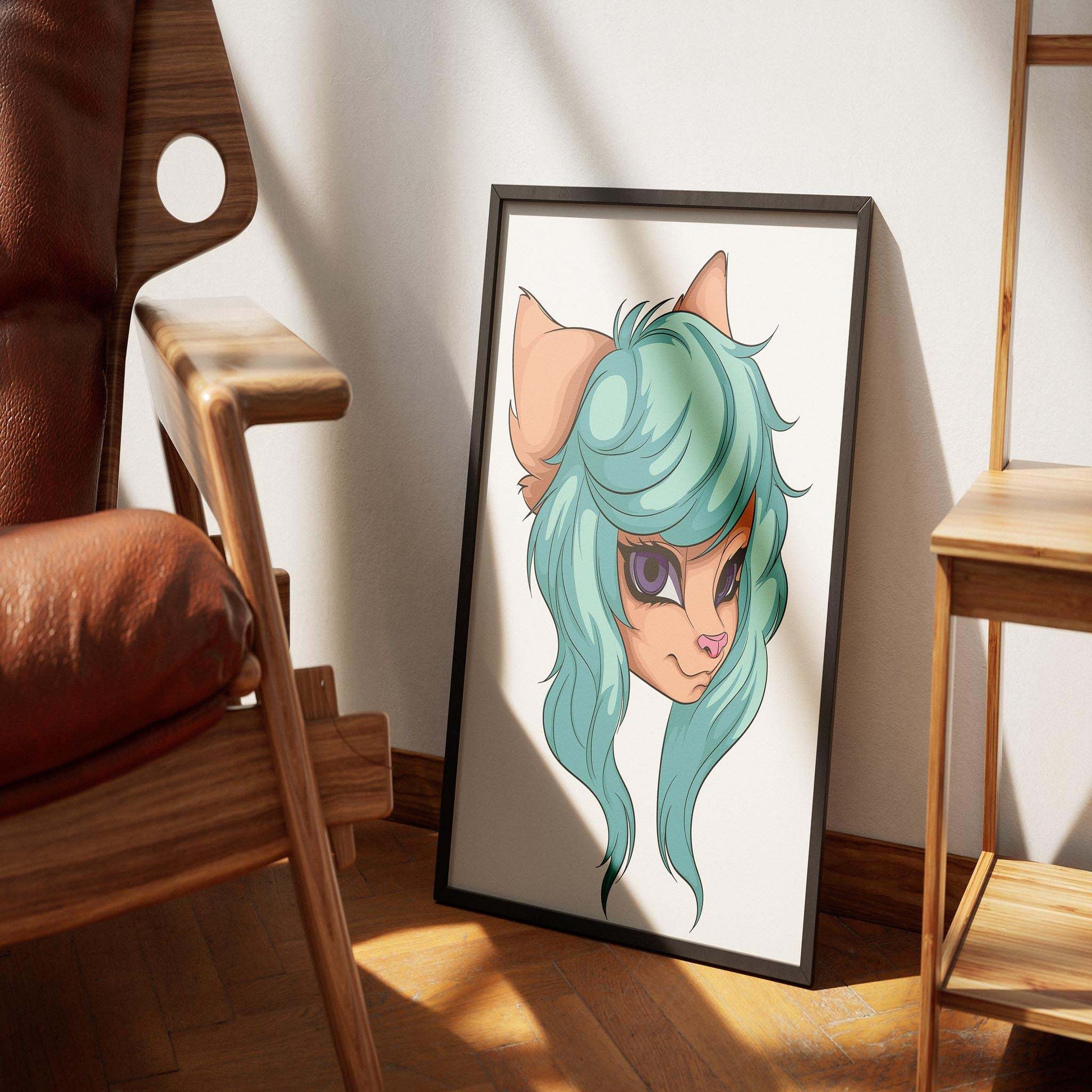 Aqua-haired furry character art in frame with purple eyes, perfect for digital collectors.