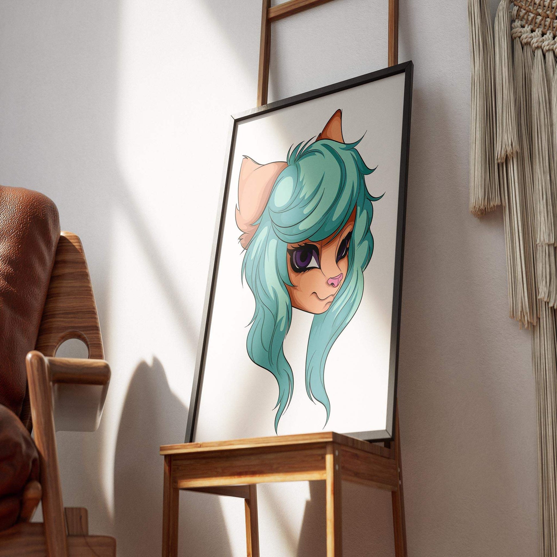 Aqua-haired furry character portrait with purple eyes, digital art, Baked Art - Furries Model 6.