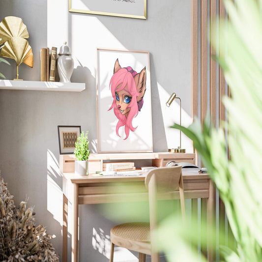 Pink-haired furry character artwork on modern desk in bright room.
