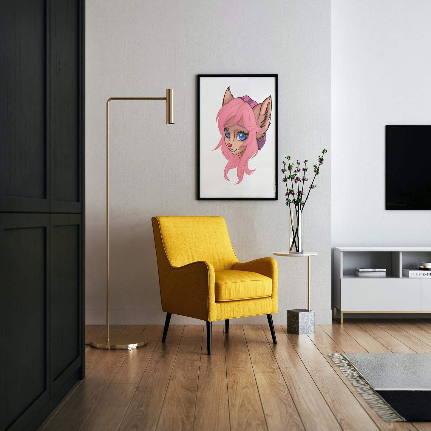 Pink-haired furry character art on wall, yellow chair in modern living room.