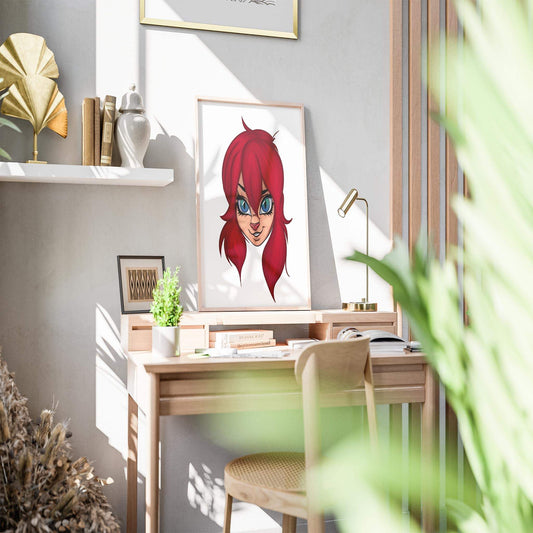 Fiery red-haired furry character digital artwork, Furries Model 8, displayed in a modern room setting.