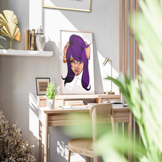 Cheeky purple-haired furry character digital art print on desk, Baked Art - Furries Model 9.
