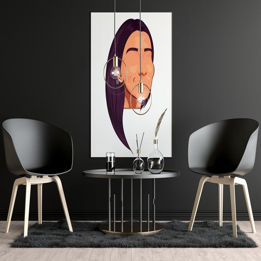Digital art of faceless purple-haired character on wall, modern interior setting.