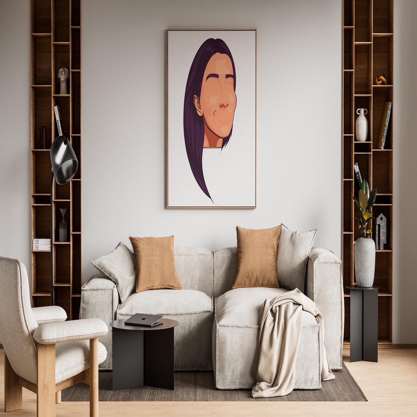 Digital art of faceless purple-haired character on a wall canvas in a cozy living room setting.