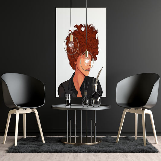 Character art with fiery, curly-haired design in modern room setting.