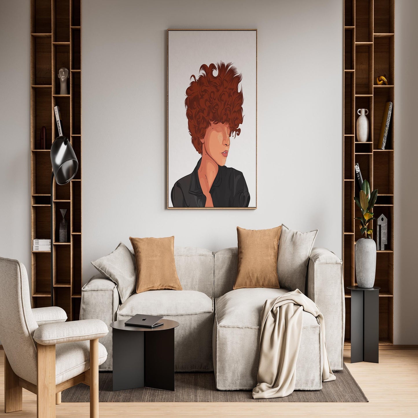 Digital art of a character with curly red hair on a stylish living room wall.