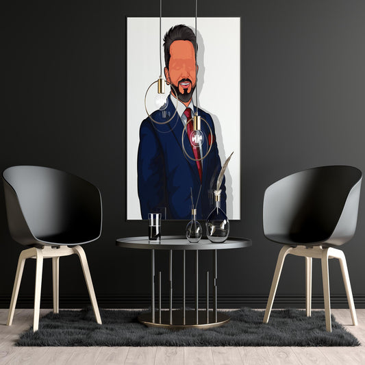 Digital artwork of a sophisticated gentleman in blue suit displayed in a modern interior setting.