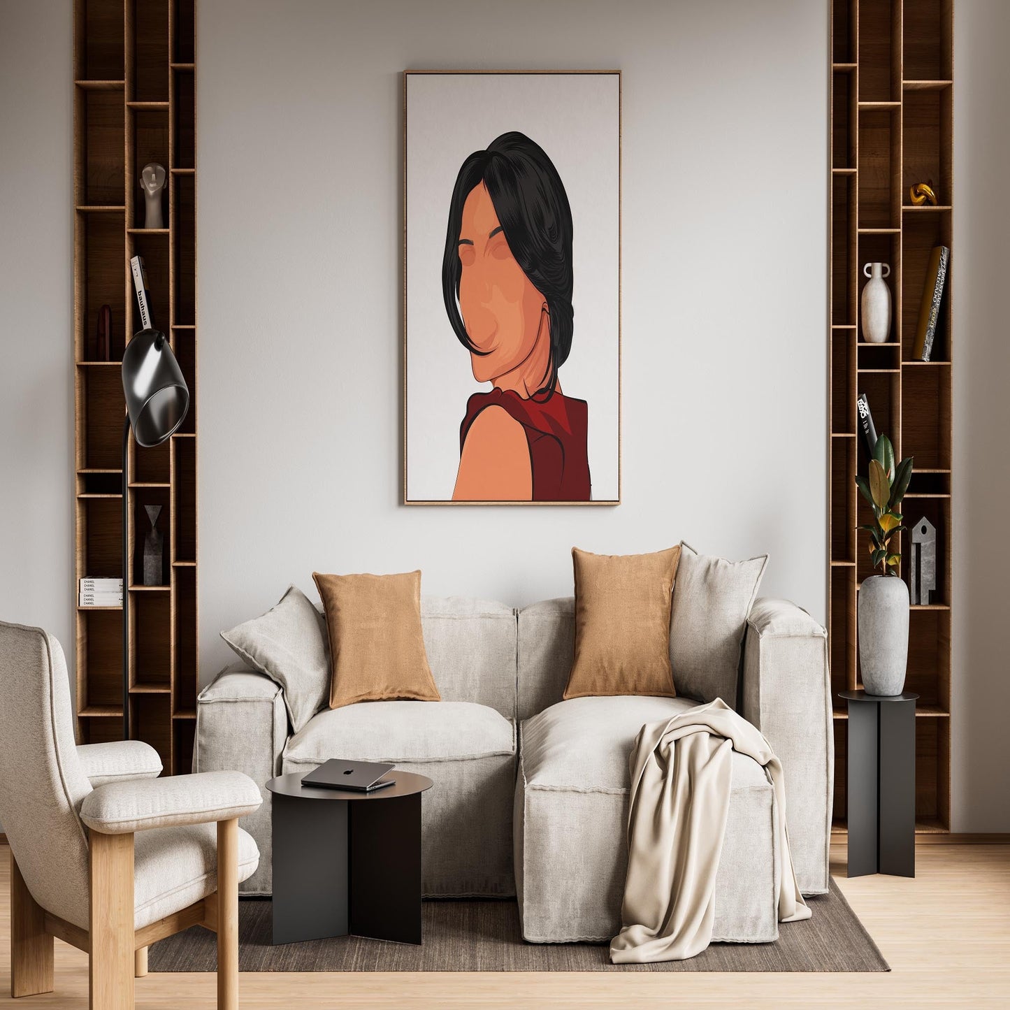 Character & Human Faces Model 15 art on modern living room wall.