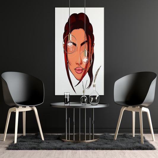 Character & Human Faces Model 16 digital art on a wall between two black chairs.