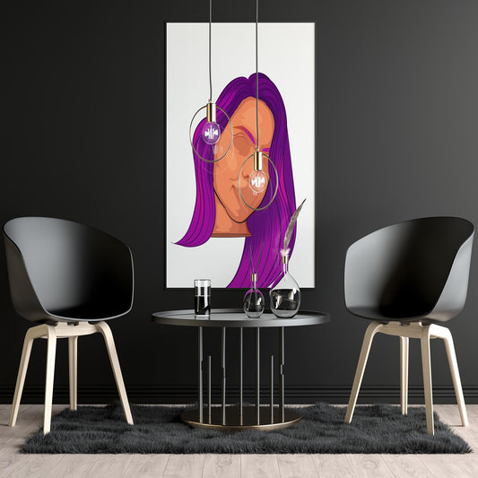 Purple-haired character art on wall in modern living room setting.
