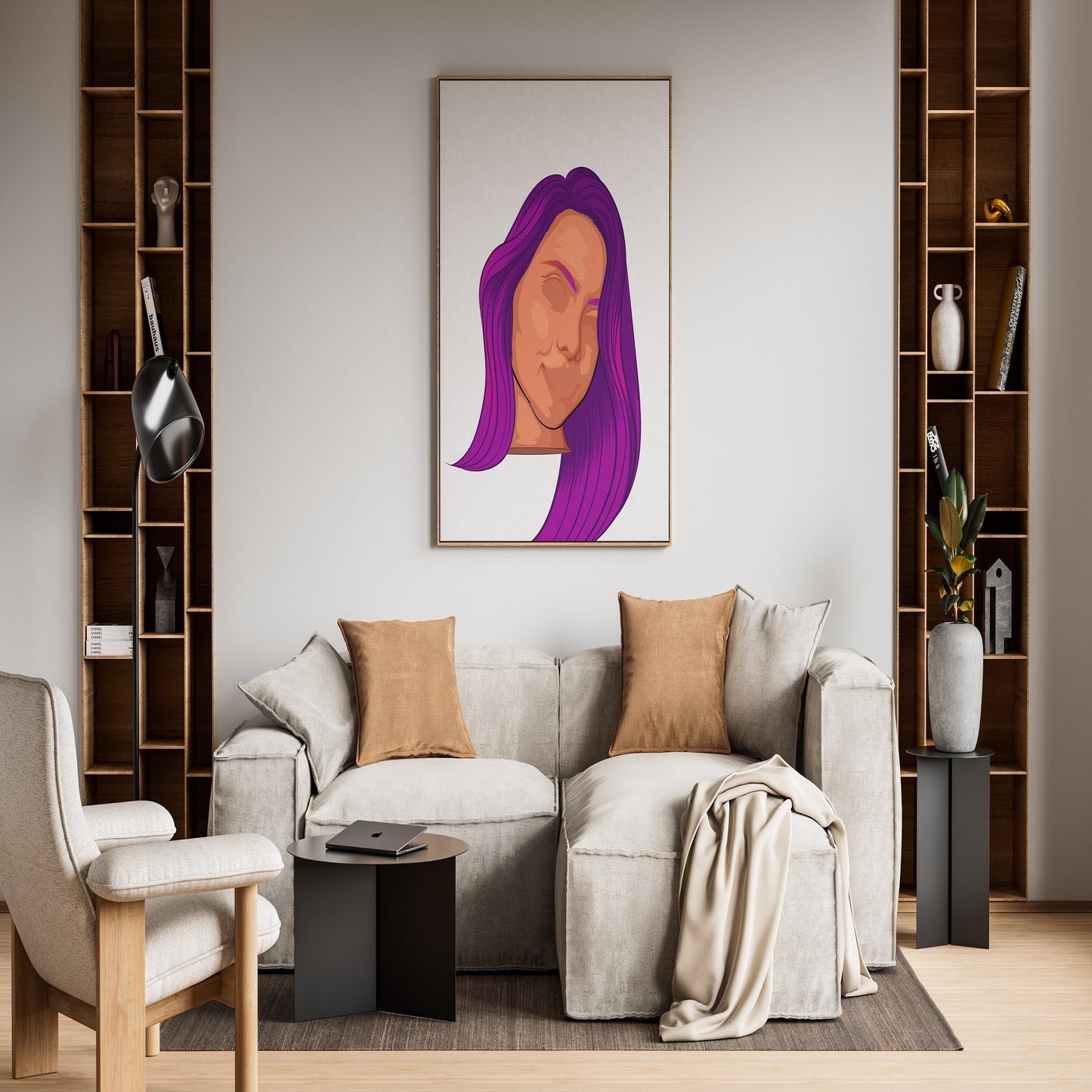 Purple-haired character portrait art on a wall above a modern sofa.