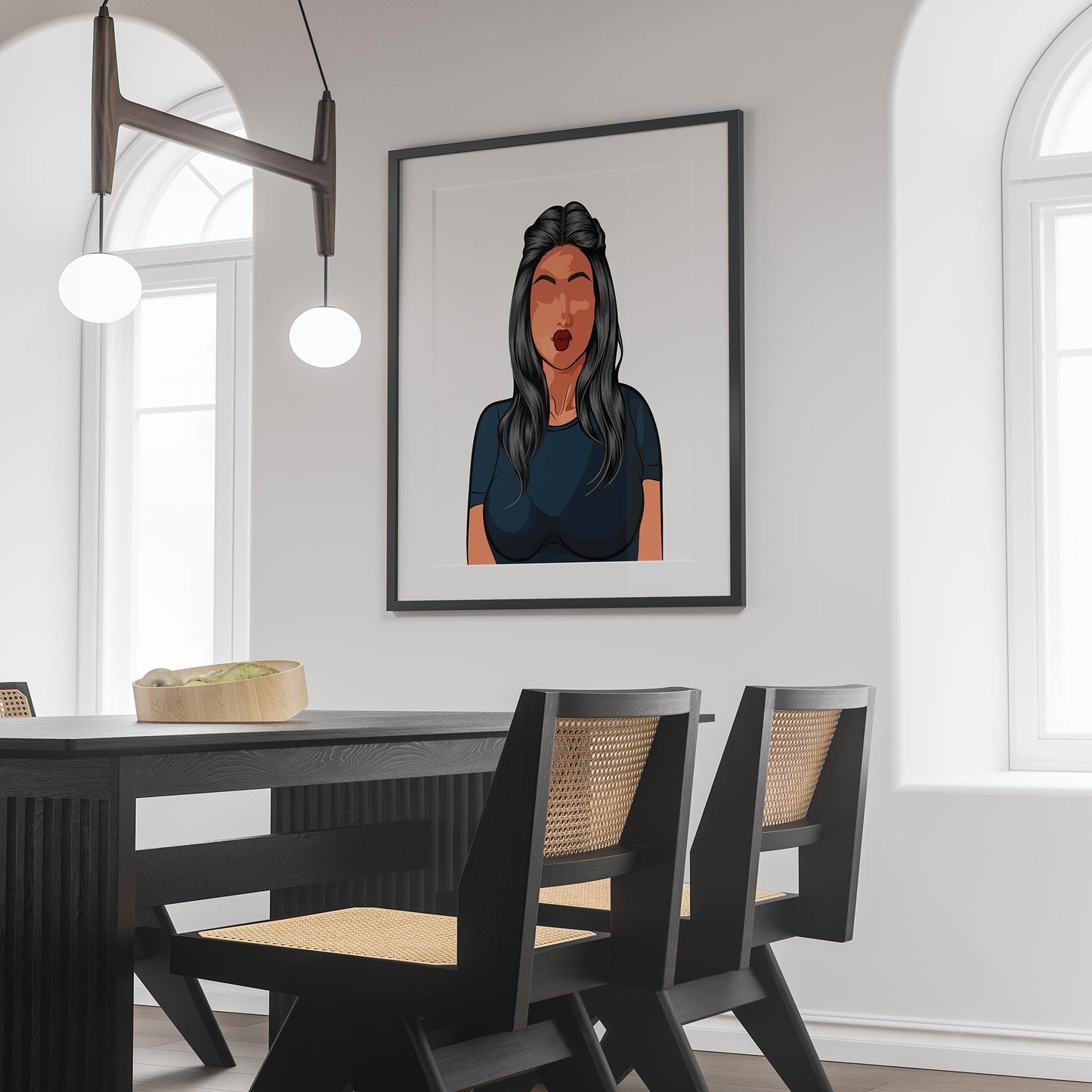 Digital art print of Character & Human Faces Model 18 displayed in a modern interior setting.