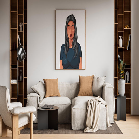 Wall art featuring character and human faces model 18 in a modern living room setting.