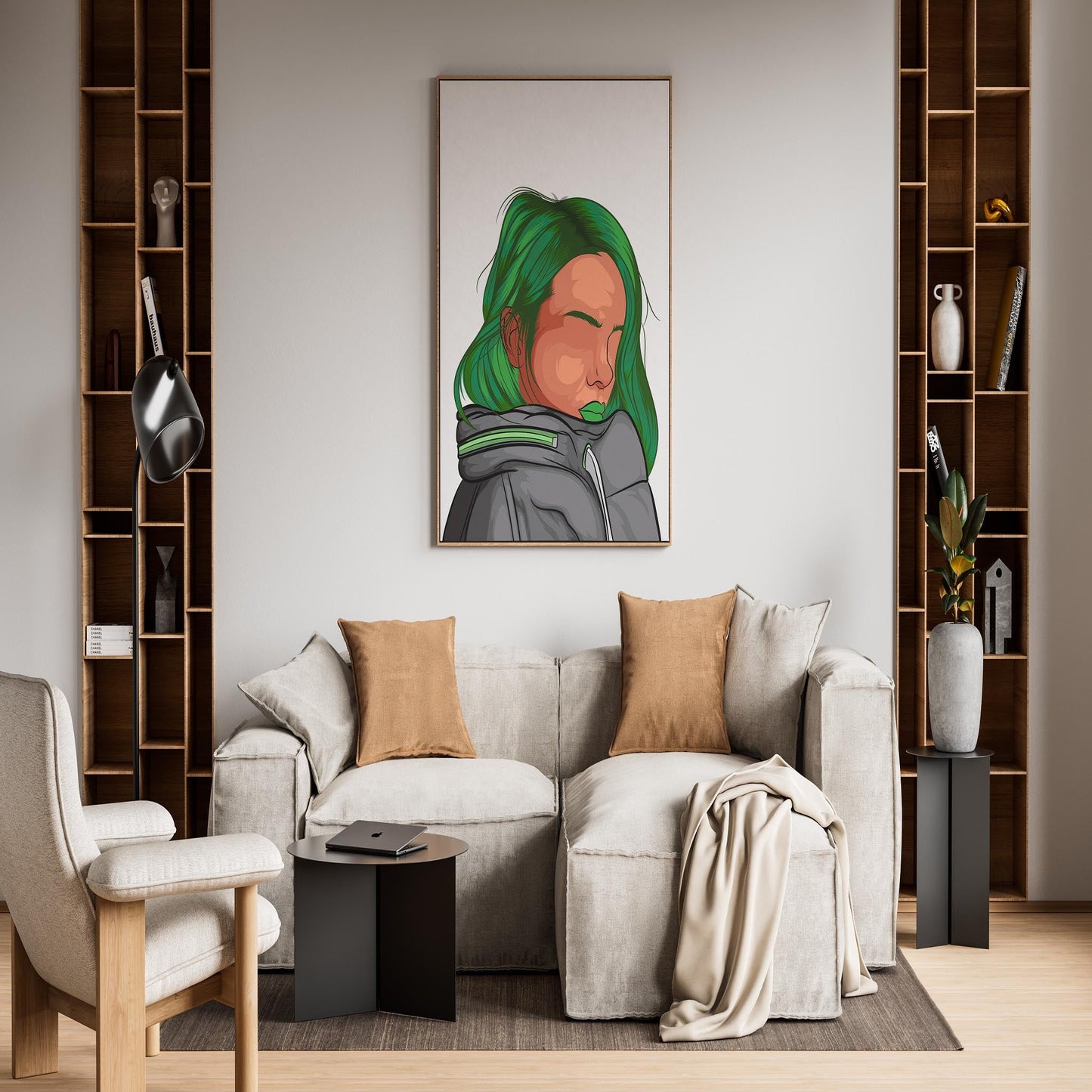 Green-haired character digital art on wall in stylish modern living room.