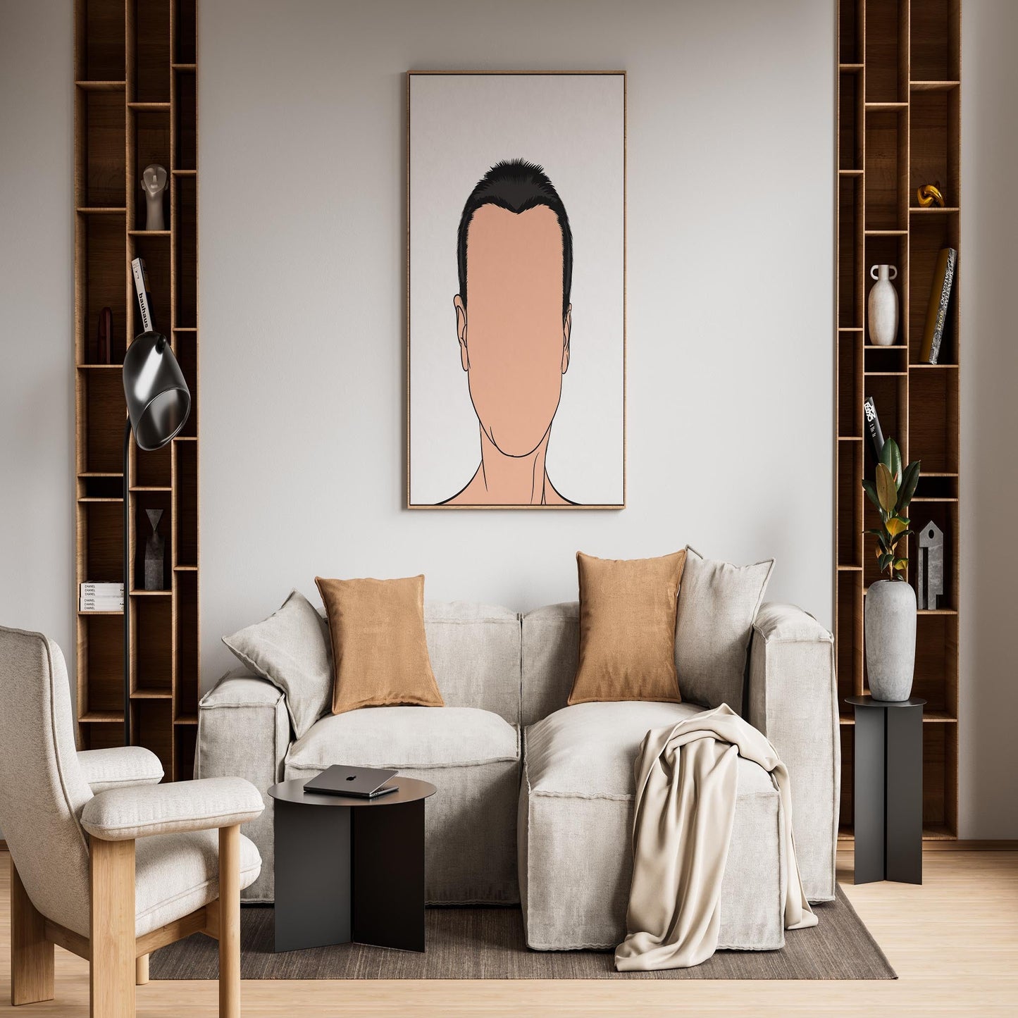 Abstract faceless art model in modern living room setting.