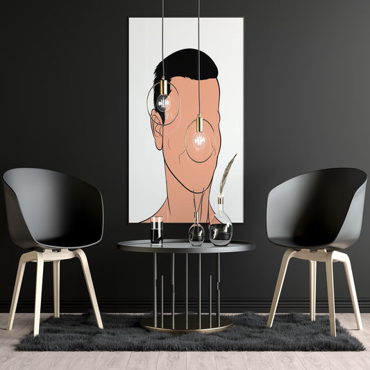 Digital artwork of an abstract faceless character in a modern room setting.
