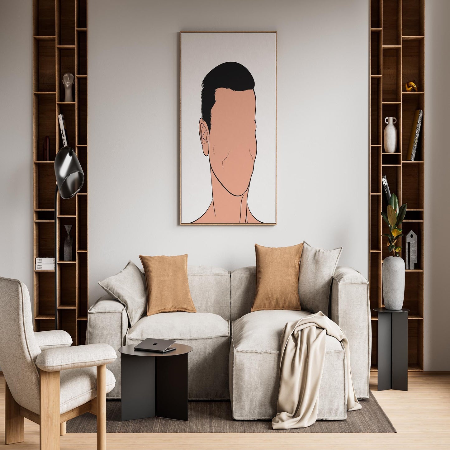 Abstract faceless portrait in contemporary living room setting.