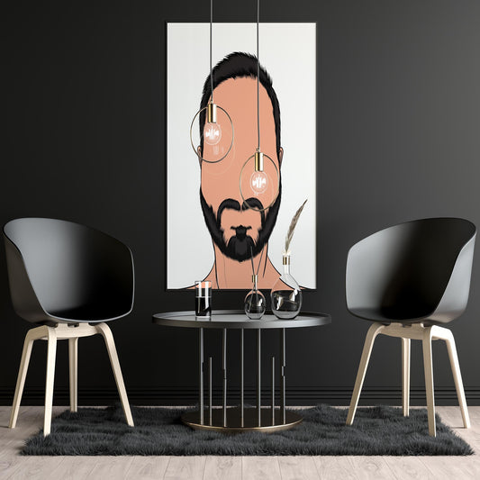 Modern digital portrait of a character with abstract human features, elegantly displayed in a chic interior setting.