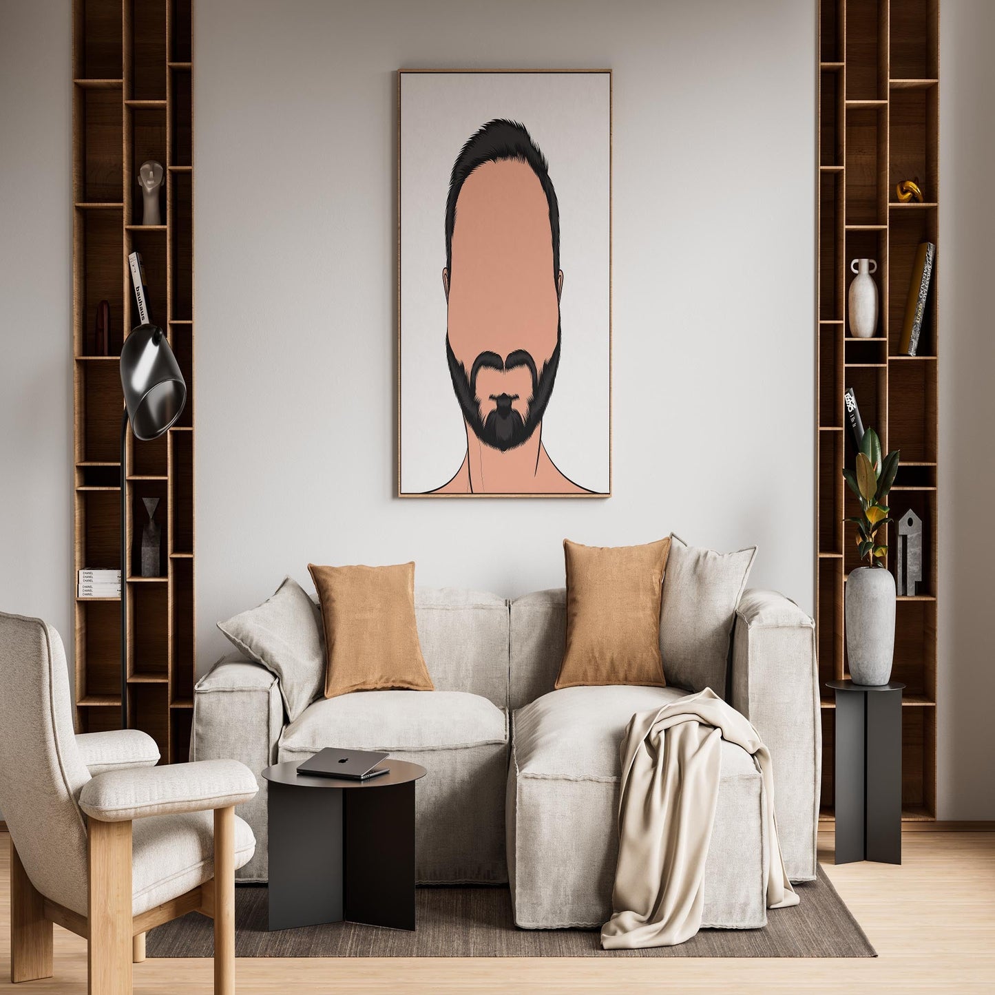 Digital portrait of a human face with beard, modern art piece in elegant living room setting.