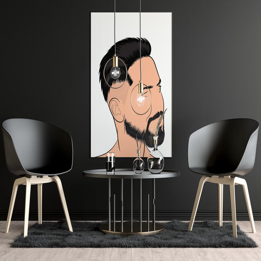 Digital art illustration of a human face, perfect for branding or storytelling, displayed in a modern interior setting.