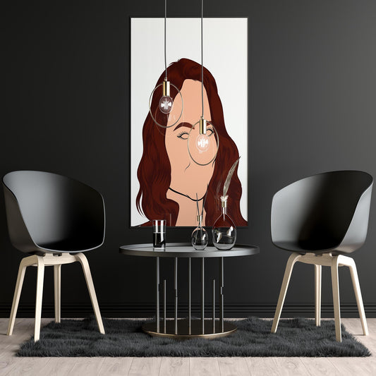 Digital portrait of a red-haired character, displayed in a modern room setting with two black chairs and a table.