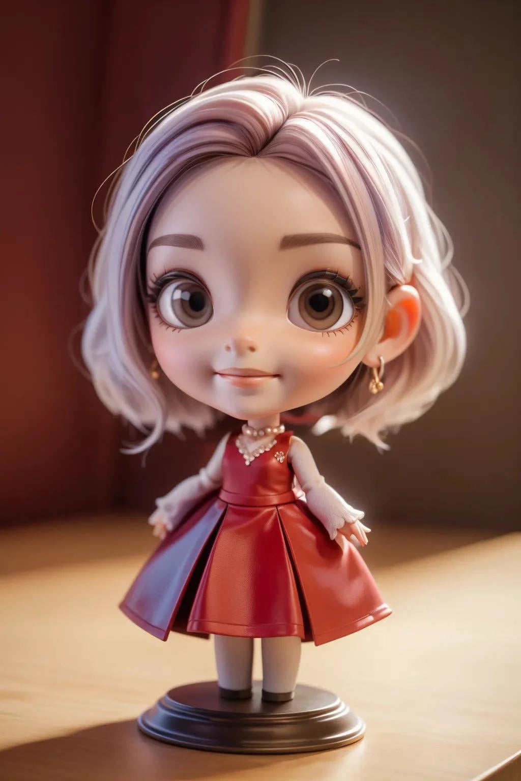 Custom doll-like A.I. art figure with big head and small body.