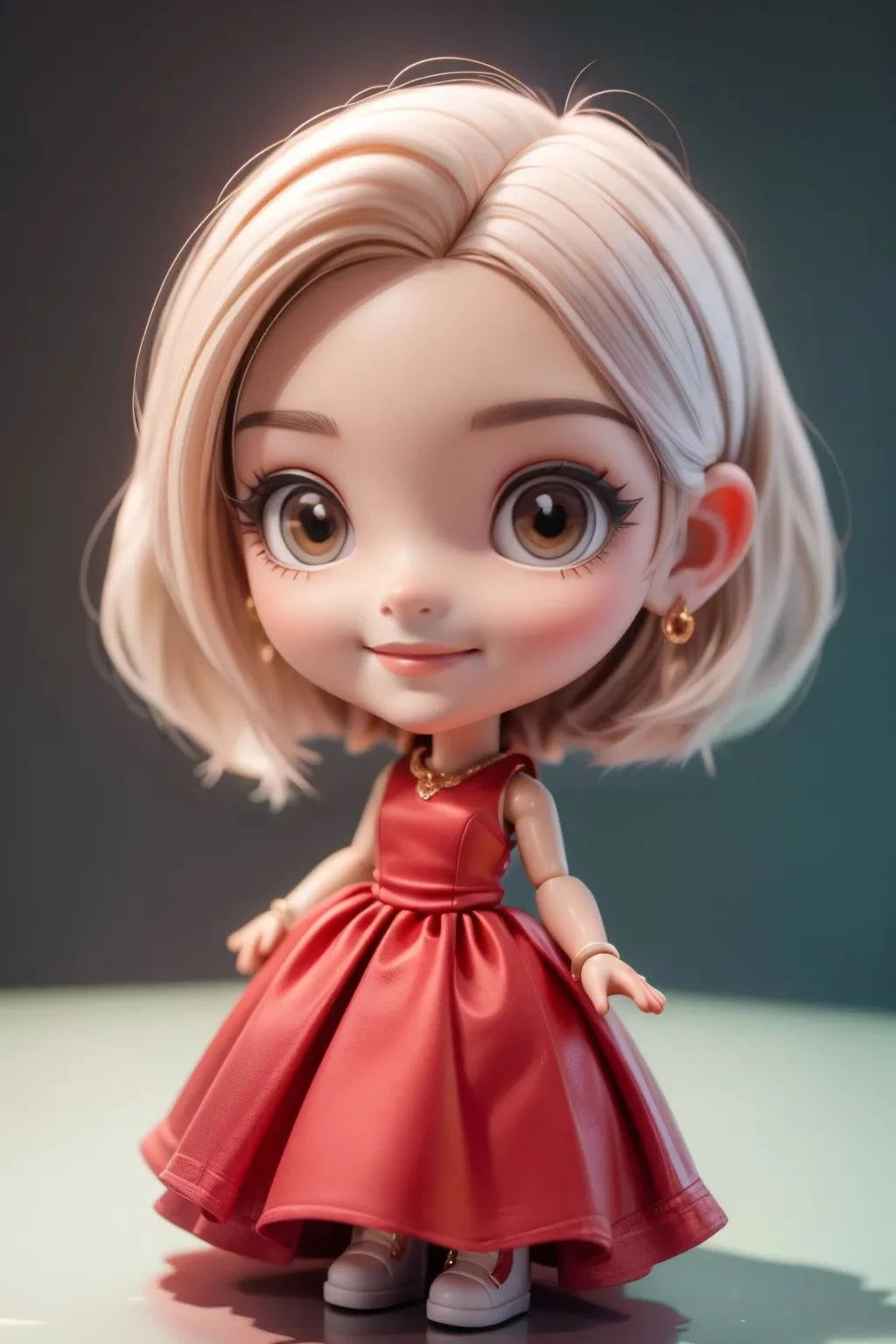Unique anime character in a red dress with large eyes, featuring a doll-like design.