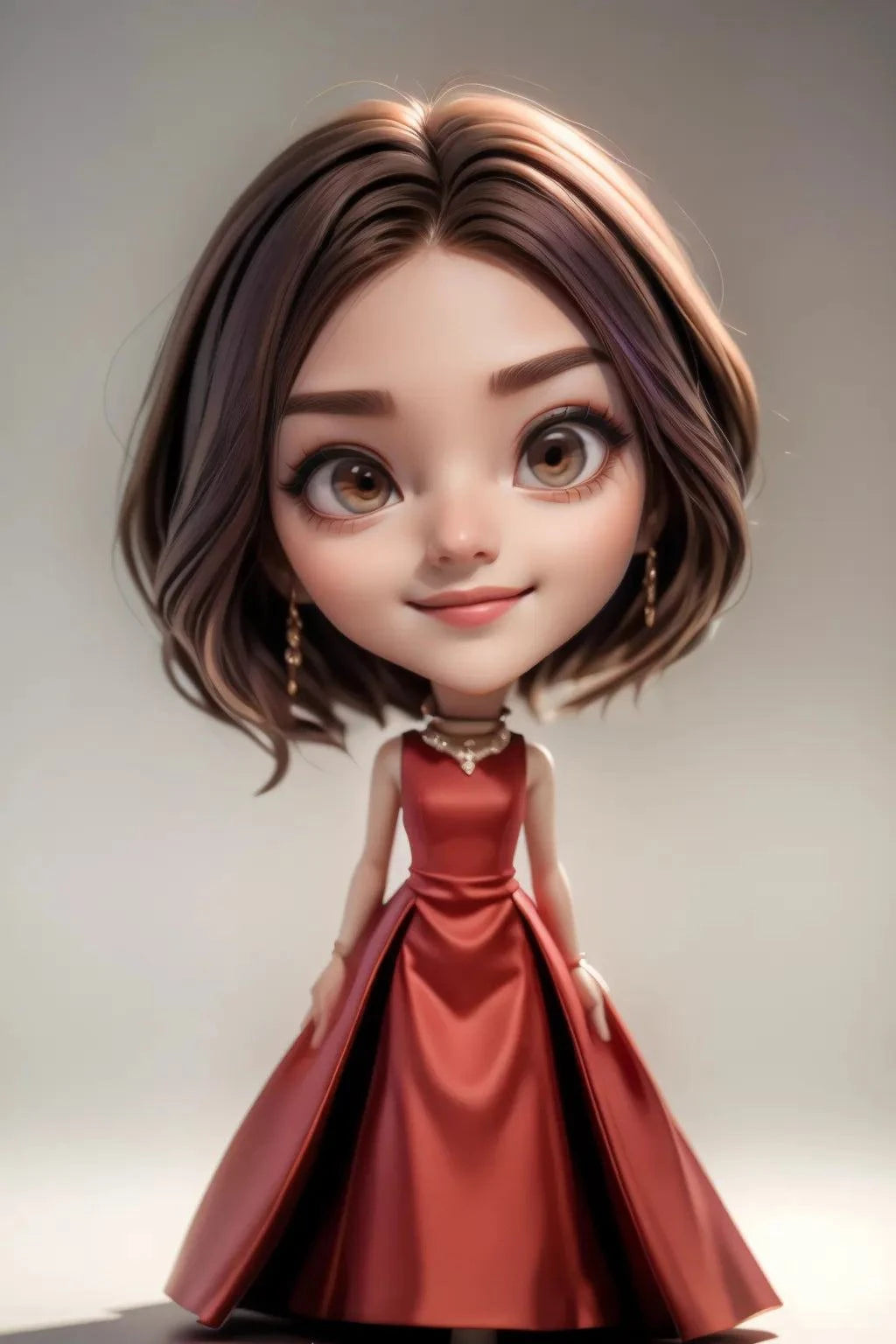 Custom doll-like anime character art with big head, small body, wearing a red dress, digital illustration.
