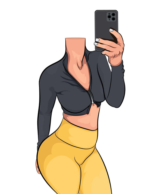 'Full Bake Art Model 29' - A high-resolution digital artwork featuring a contemporary and stylish depiction of a figure in a black cropped jacket and yellow leggings, taking a mirror selfie with an aesthetic modern pose. Ideal for designers, collectors, and art enthusiasts.
