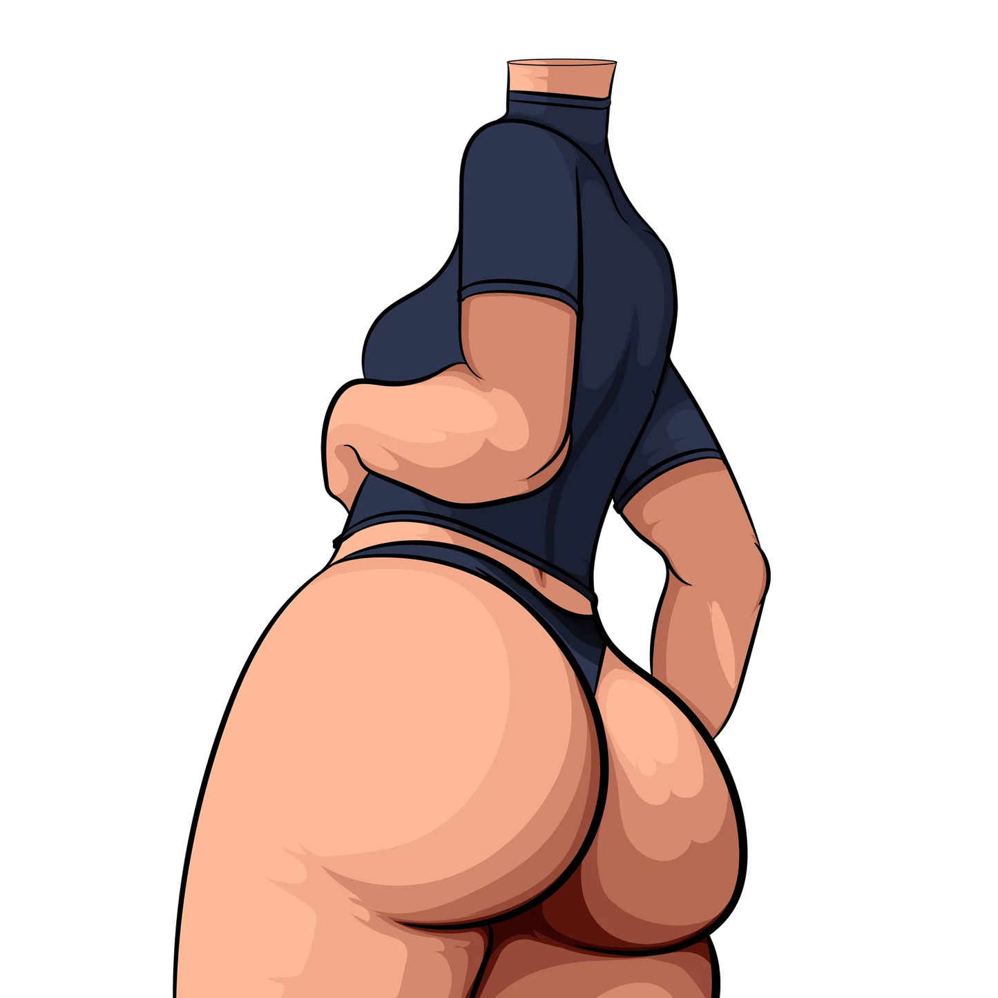 Stylized female figure illustration, focus on lower back and hips, dark fitted attire, Baked Art - Model 100.
