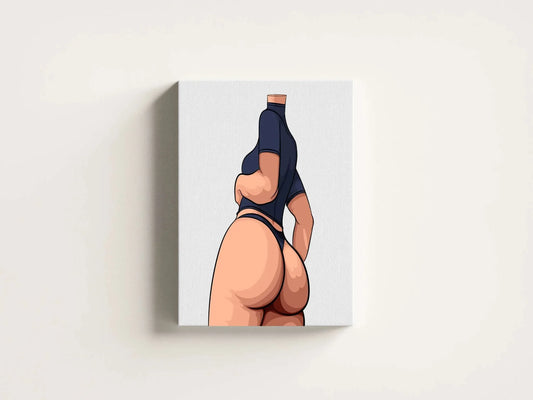 Stylized female figure in dark fitted attire, illustrated from a low angle, emphasizing confident hips; Baked Art - Model 100.