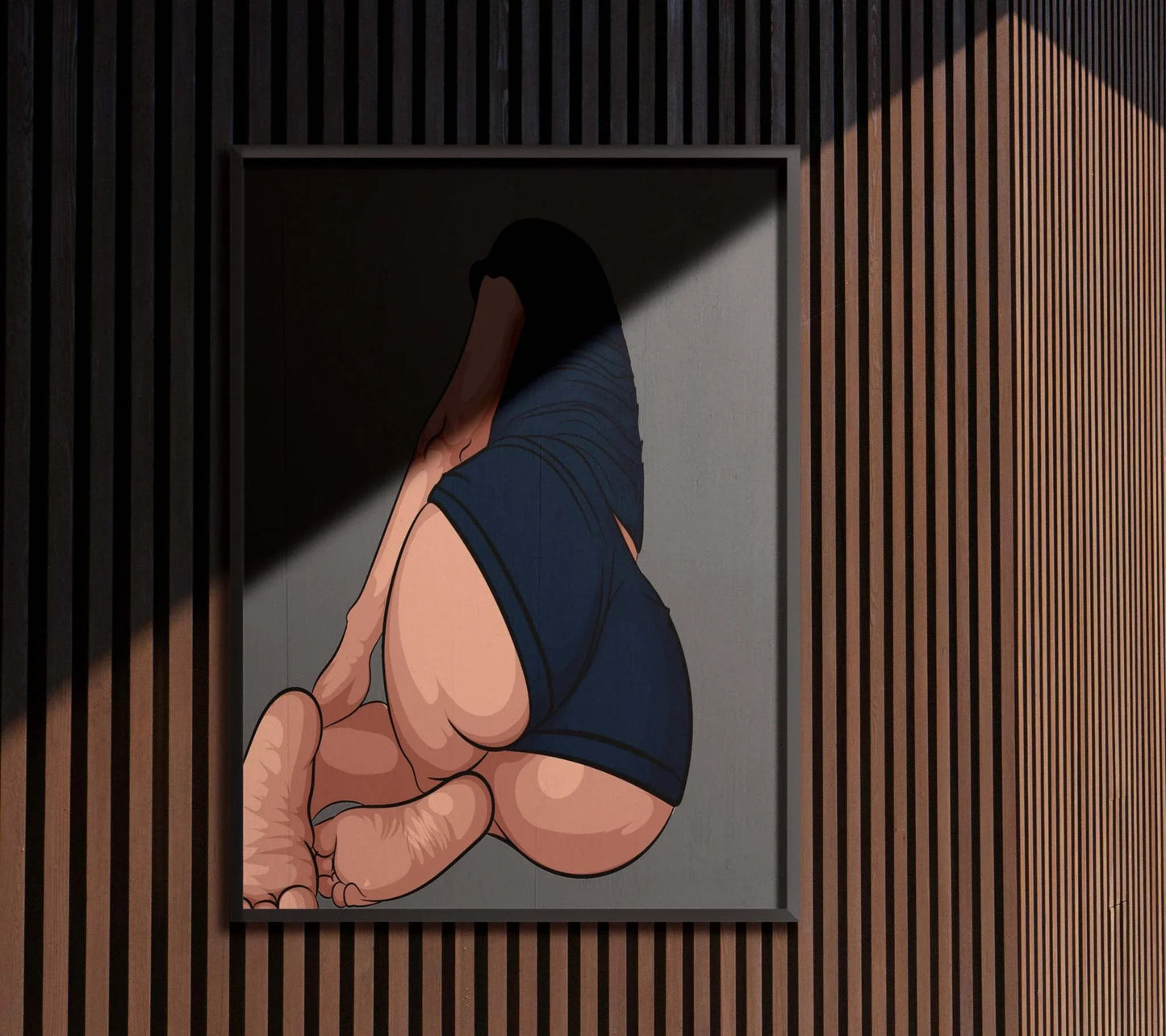 Digital artwork of a figure in a relaxed pose, highlighting anatomy and movement with smooth coloring; ideal for contemporary art collectors.