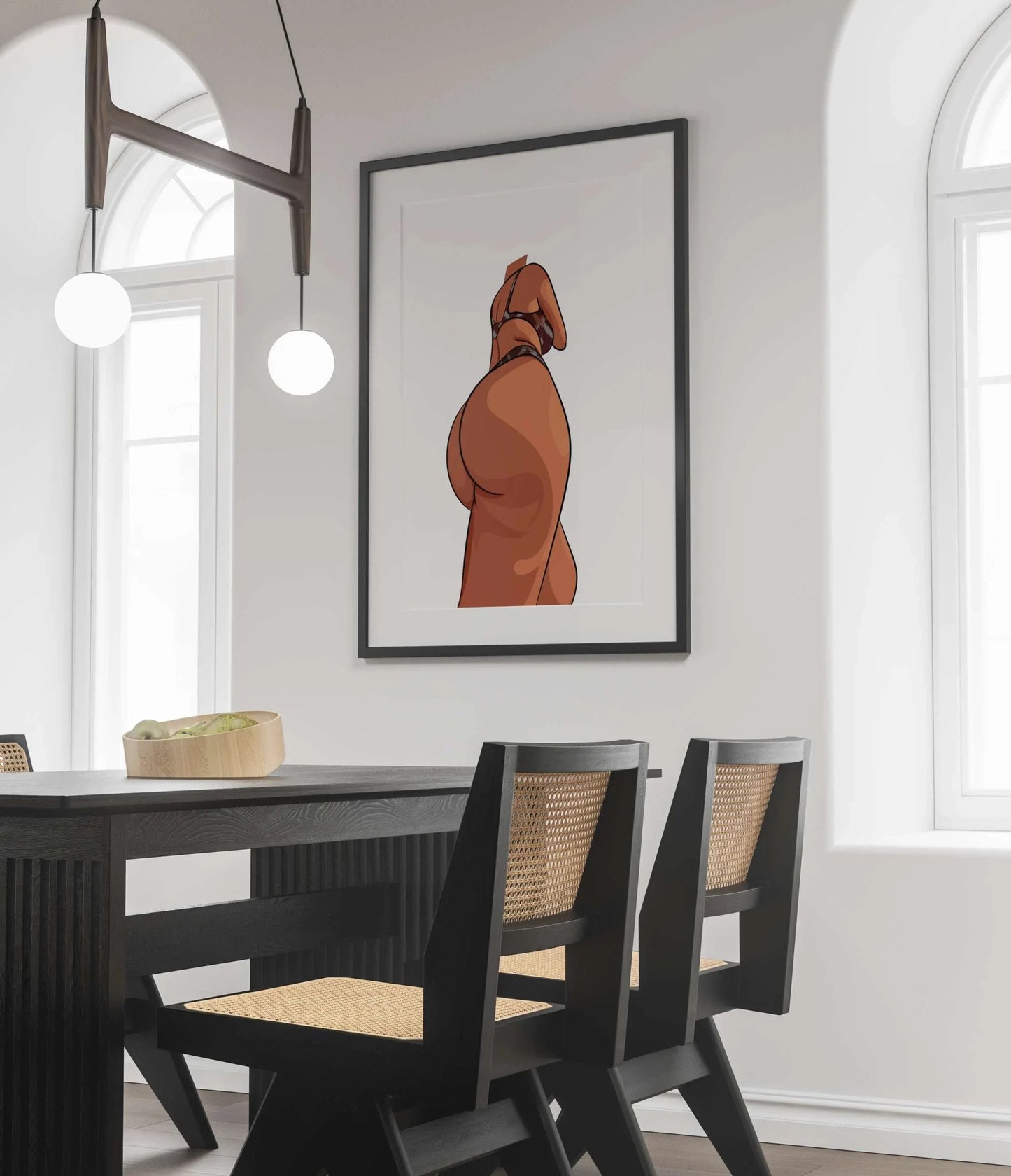 Lingerie Model 10 artwork framed on modern dining room wall.