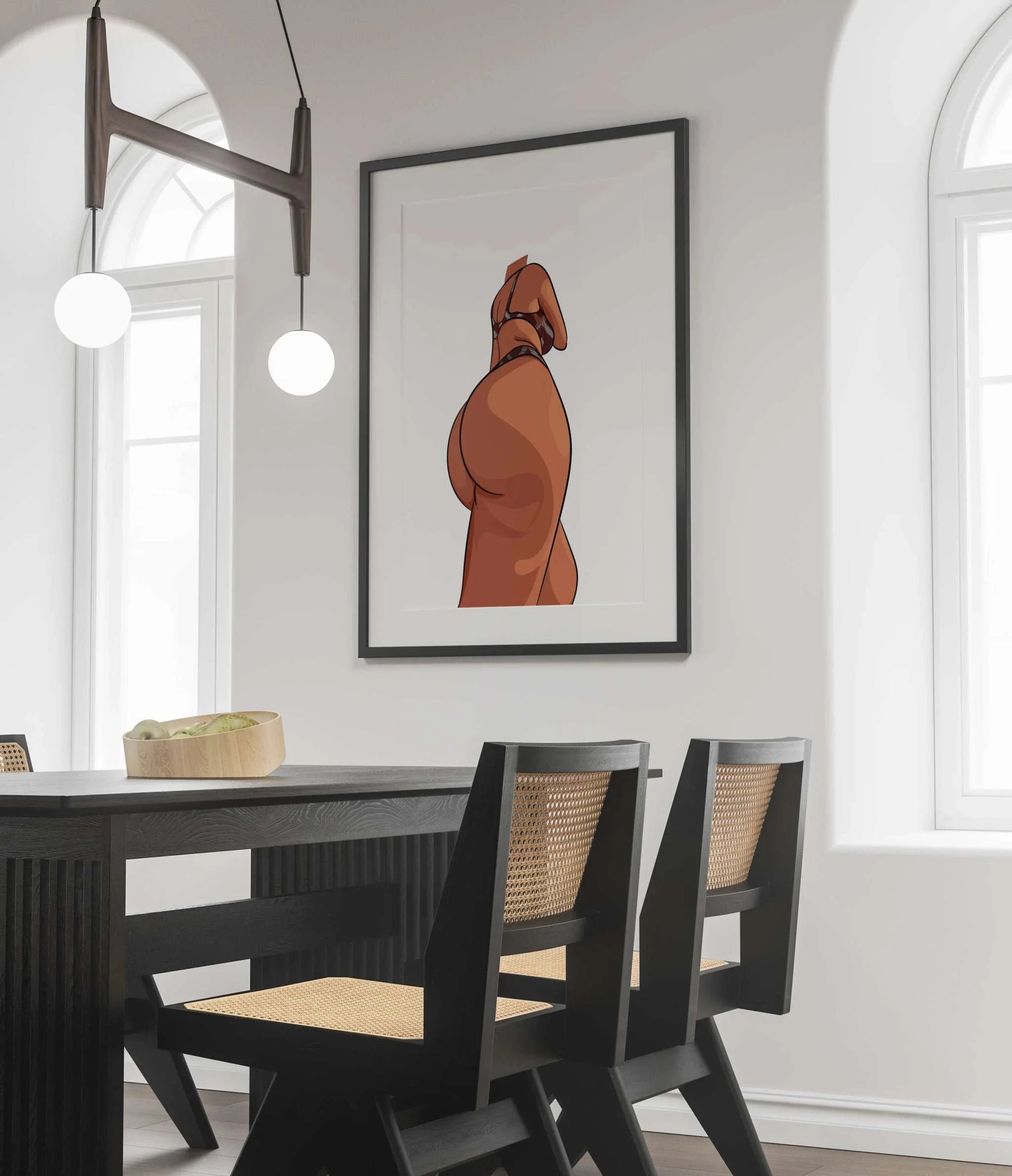 Lingerie Model 10 artwork framed on modern dining room wall.