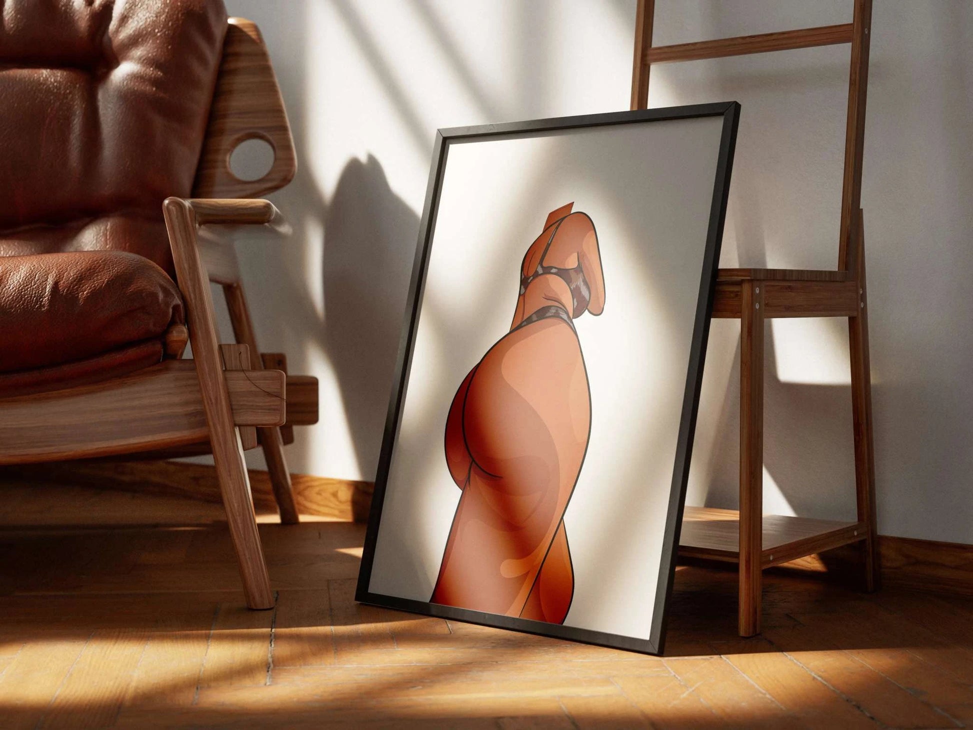 Digitalized Arts "Lingerie Model 10" artwork framed in a sunlit room, showcasing a sensual figure in elegant lingerie.