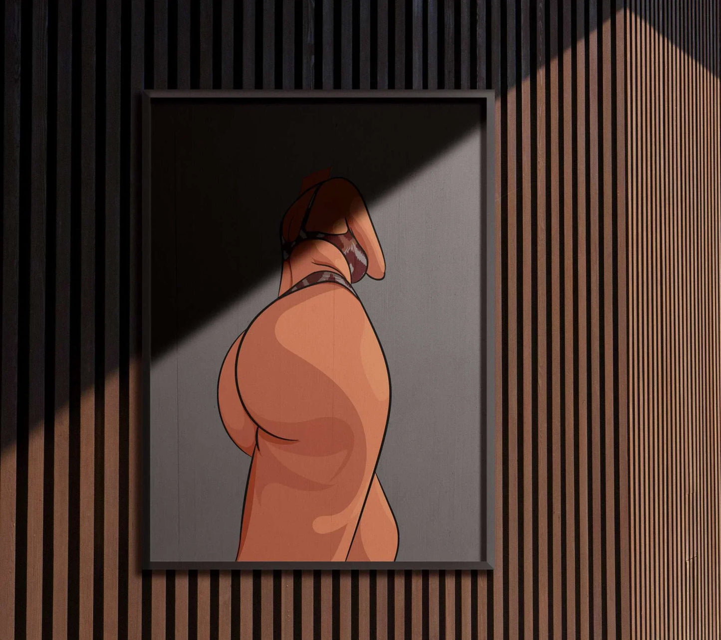 Digital artwork of a lingerie model showcasing curves with a minimalist background.