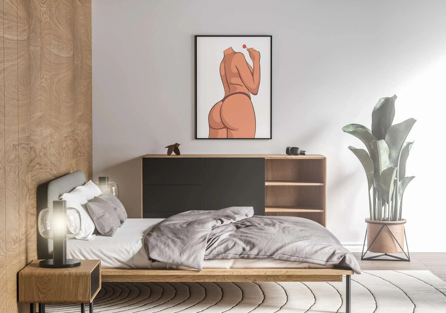 Lingerie Model 12 artwork with bold red lollipop on bedroom wall.