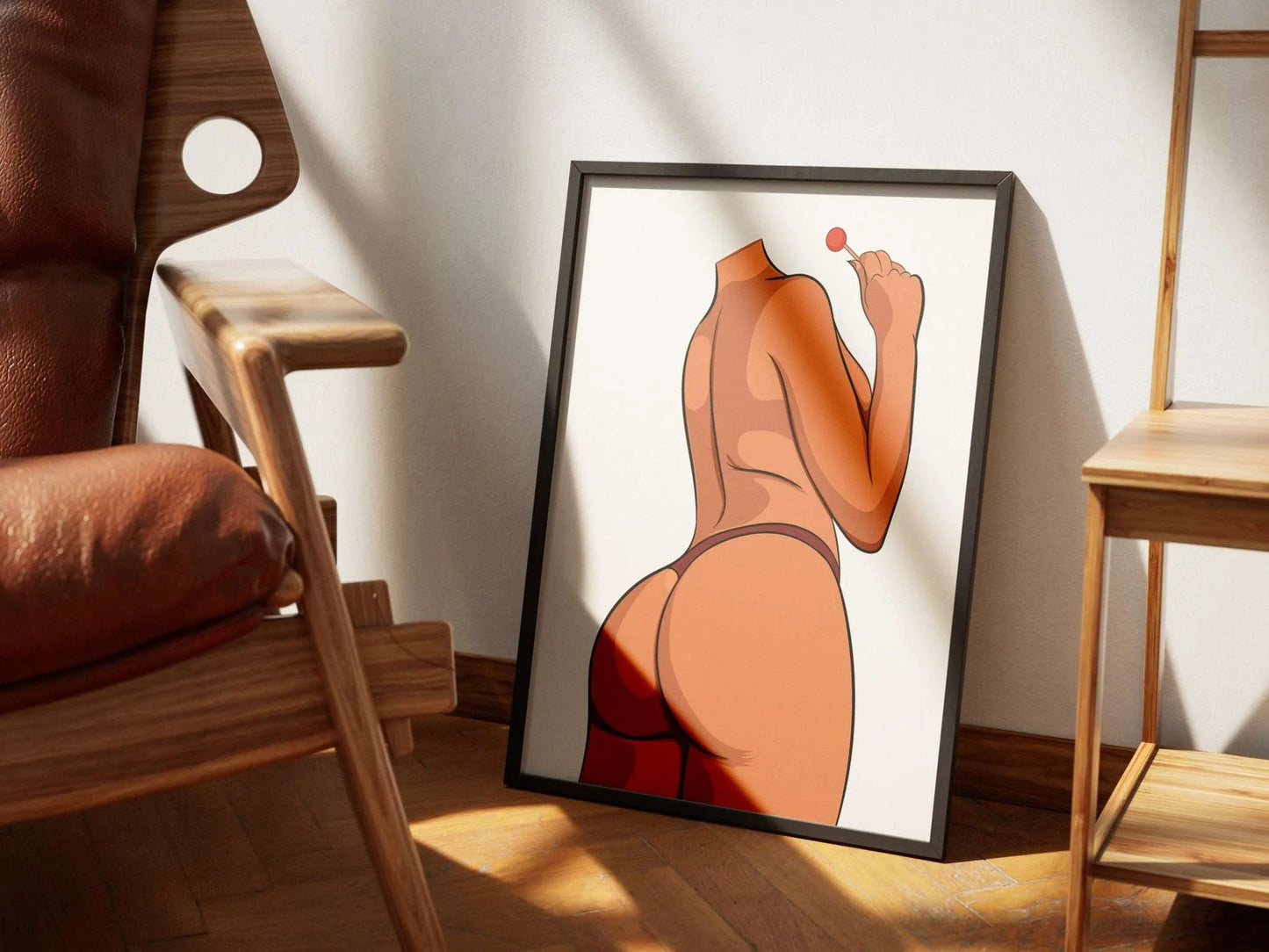 Digital art of Lingerie Model 12 in minimal attire holding a red lollipop, framed and displayed.