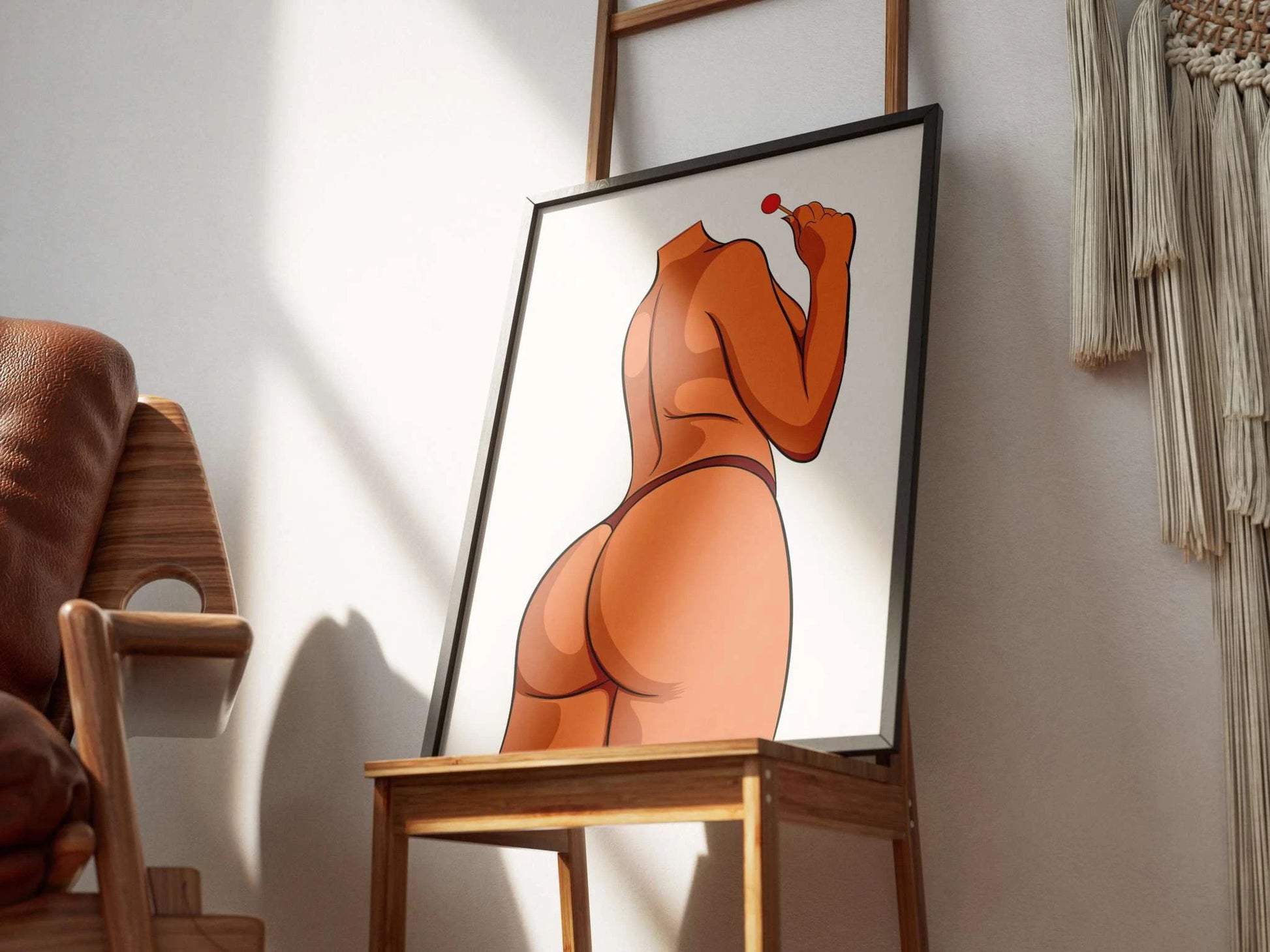 Lingerie Model 12 baked art print on chair; figure in minimal lingerie with red lollipop.