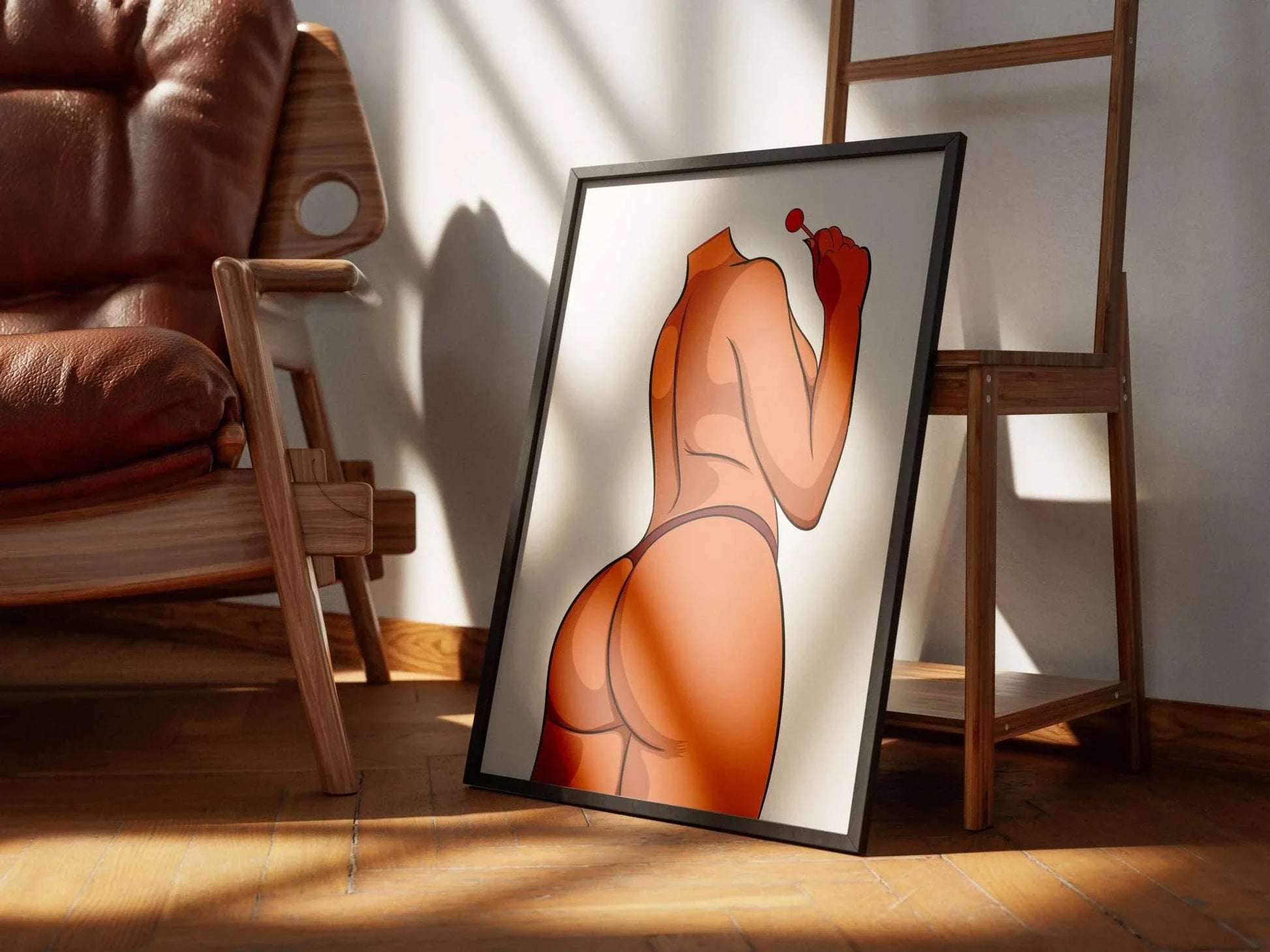 Model 12 digital baked art in lingerie with a lollipop, framed and displayed on the floor.