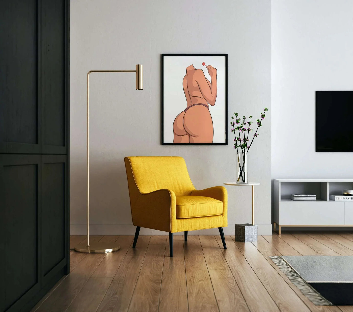 Model 12 - Baked Art illustration in cozy modern living room setting.