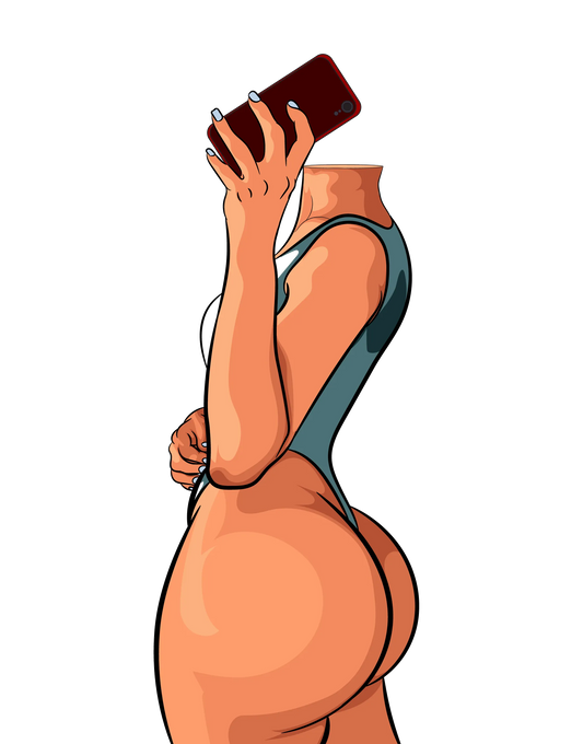 Model 14 digital baked art depicting a figure in activewear holding a smartphone.