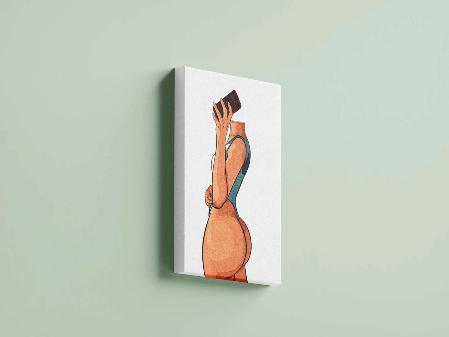 Model 14 Baked Art digital artwork on canvas with fitness figure holding smartphone.